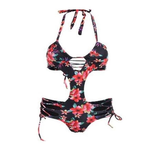 

one-piece suits one piece swimsuit women floral print bandage halter high waist padded swimwear beachwear monikini bodysuit c0065