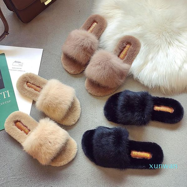 

3-style cross band slippers women cozy flat winter plush ladies shoes velvet pantuflas 2021 knitted furry slides 35-40, Black