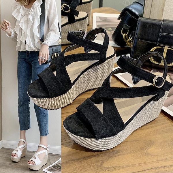

summer buckle women's sandals flock fish mouth fashion high heel platform open toes women shoes drop, Black