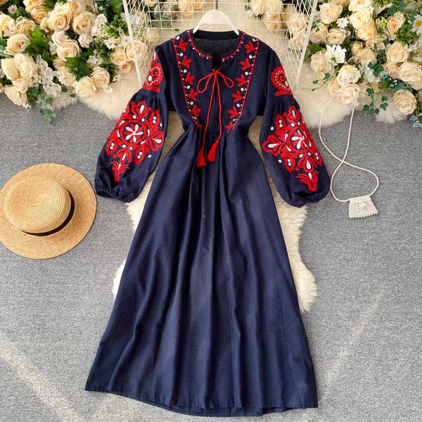 

bohemian women embroidery long dress autumn round neck lantern long sleeve blue/white loose dresses female vestidos fall 2020 y0603, Black;gray