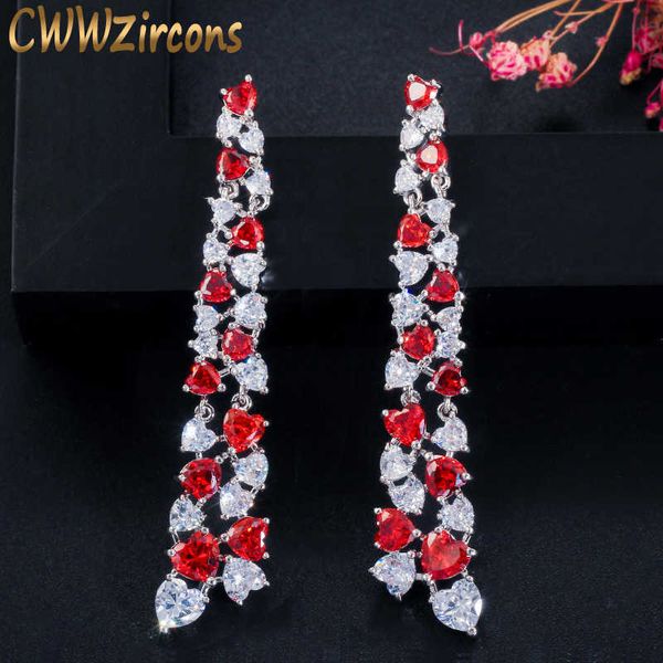 Amor único Coração Corte Ruby Red Red Zircônia Gemstone Prata Longo Dangle Brincos para Mulheres Jóias CZ607 210714