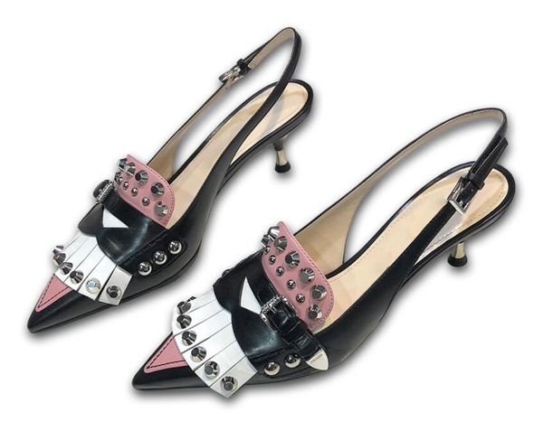

runway pumps women pointed rivets gladiator sandals kitten heels ladies tassel patchwork slingbacks summer shoes dress, Black