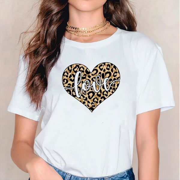 

graphic leopard love cute casual womens 90s style summer autumn print lady female tee, White