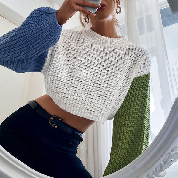 

autumn and winter 2021 thick needle sweater stitched contrast women's exposed navel loose short, White;black