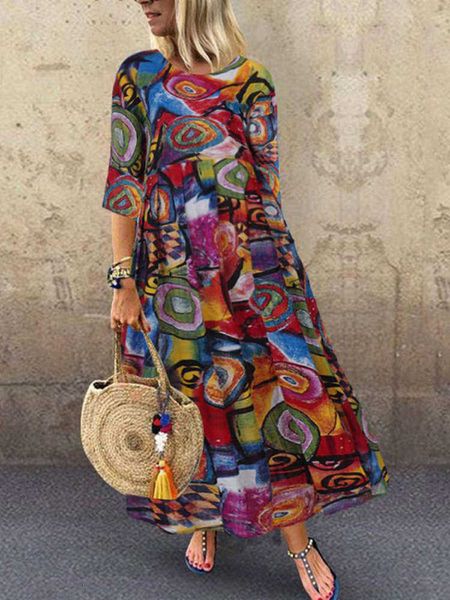 

bohemian casual print dresses crew neck 3 / 4 sleeve drs, Black;gray