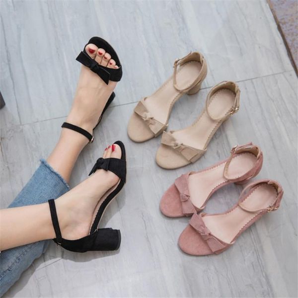 

sweet bowtie women chunky block high heels sandals faux suede ankle strap lady party dress office shoes pink black beige