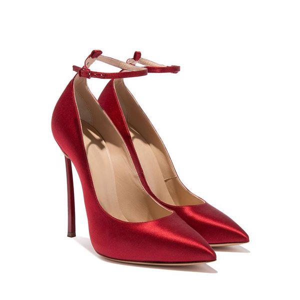 

women red apricot black silk ankle strap wedding pumps ladies metal blade high heels female pointed toe model dress shoes
