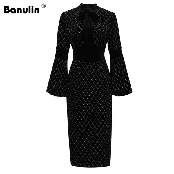

casual dresses vintage office work velvet dress autumn winter fashion lantern sleeve bow neck beading plaid bodycon party women, Black;gray