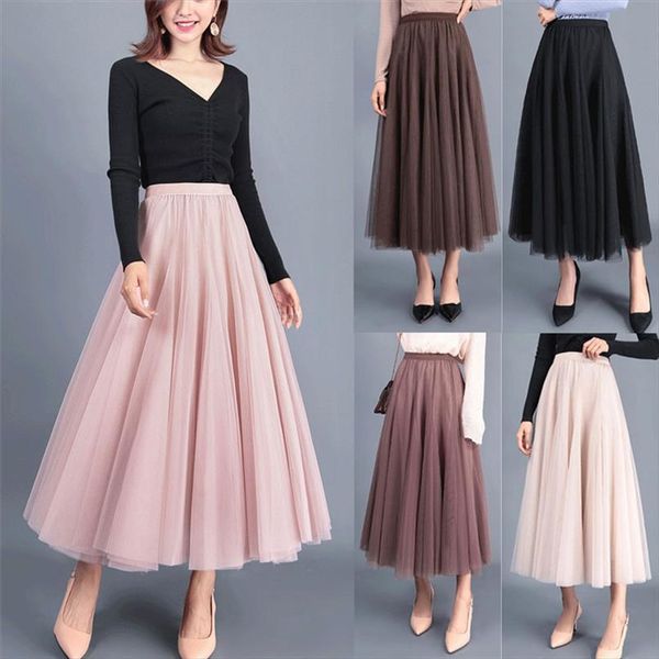 

high waist lace mesh tulle womens skirt long layered maxi, Black