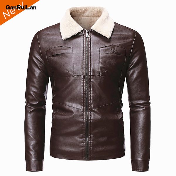 

autumn winter men casual thick warm fleece leather jacket coat men fashion pockets vintage faux pu leather jackets coat men 210518, Black