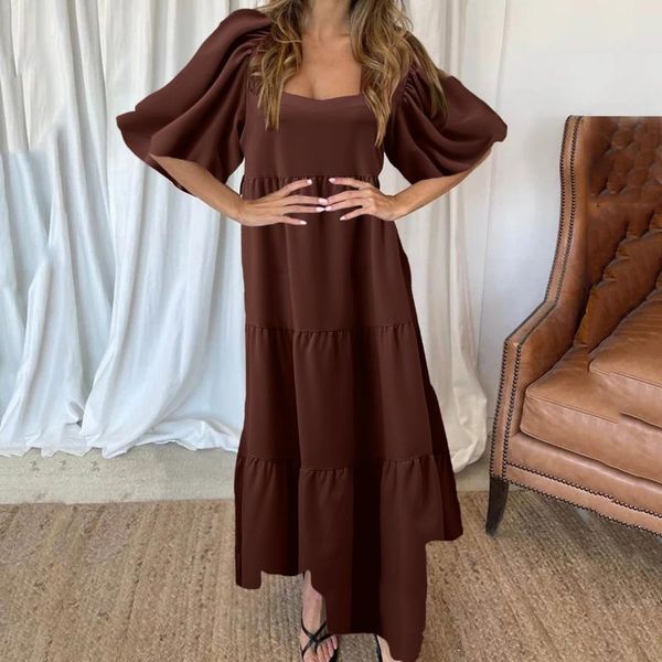 

casual dresses vintage dress women's square-neck summer half sleeve solid frenum maxi party vestidos elegantes para mujer, Black;gray