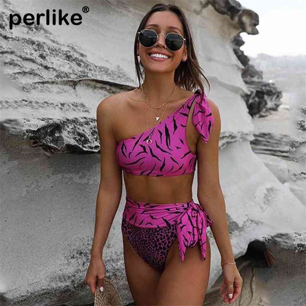 

high waist bikini one shoulder swimwear women push up swimsuit female print set bandage bathing suit beachwear 210621, White;black