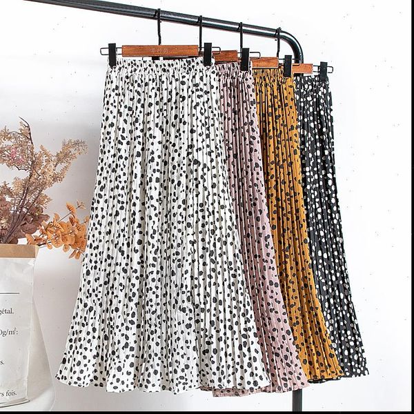 

chiffon pleated elastic high waist womens skirt summer print casual midi long mid calf length, Black