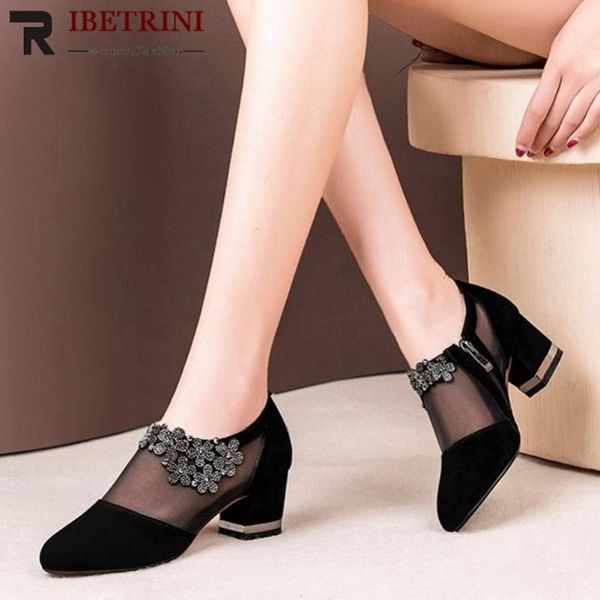 

dress shoes ribetrini fashion office women high heels round toe flock floral pumps 2021 zipper patchwork, Black