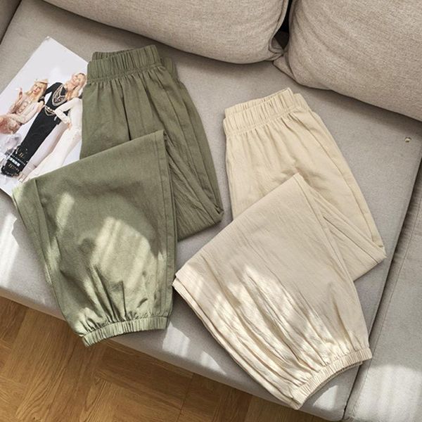 

women's pants & capris cotton linen harem casual solid elastic high waist female 2021 spring summer loose ladies sweet trousers, Black;white
