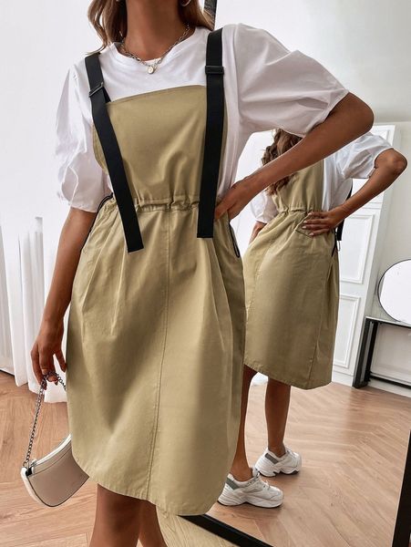 

solid puff sleeve & drawstring overall dress w0ik#, White