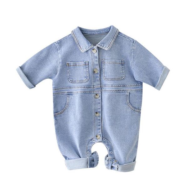 

spring baby boys cartoon pattern denim bodysuit rompers, Blue