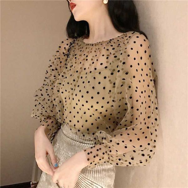 

spring summer style fashion o-neck women's polka dot loose ladies casual lantern sleeve blouse 210601, White