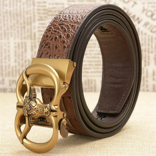 

mens belts genuine leather luxury retro bull head designer automatic buckle crocodile pattern casual belt strap for male, Black;brown