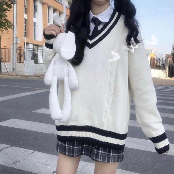 

women loose v-neck sweater long-sleeved girls student casual harajuku japanese autumn winter ins pullover college style women's, White;black
