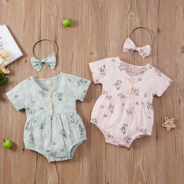 

rompers 2021 baby girls two-piece clothes set fashion floral printed pattern sleeveless romper + headdress, Blue