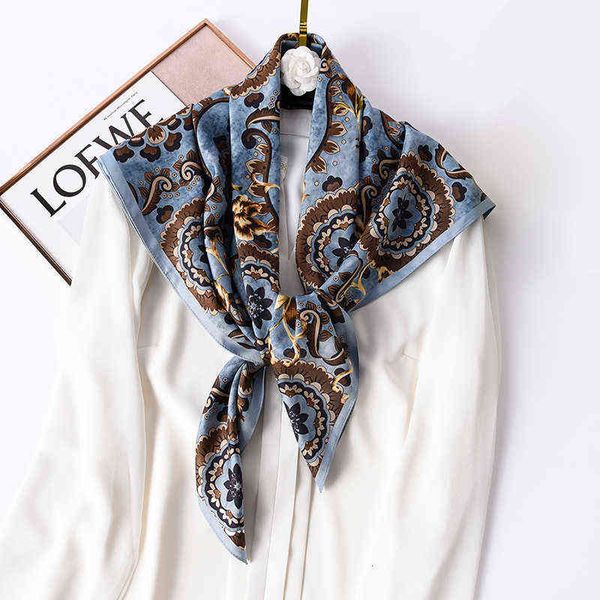 

scarves 90x90 large square versatile fashion silk scarf, female national style flowers, spring autumn and summer, shawl scarf, Blue;gray