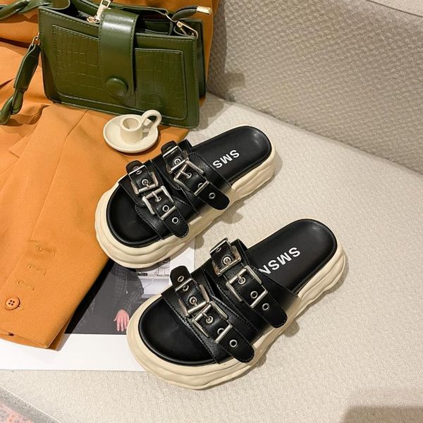 

slippers women 2021 summer net red fashion metal buckle platform thick sole female outdoor beach non slip slides, Black