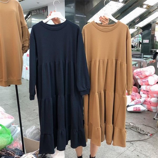 

casual dresses [ewq] 2021 autumn winter female loose round neck solid color long sleeve minimalist knitting pleated sweater dress 8d645, Black;gray