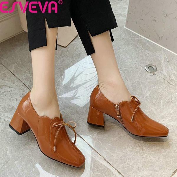

dress shoes esveva 2021 retro square toe lace up women soft pu leather pumps heel spring autumn single size 34-42, Black
