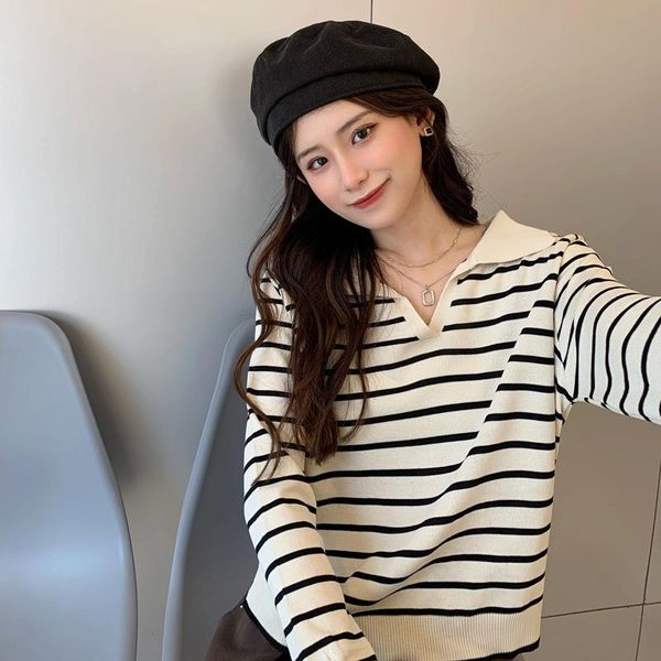

women's sweaters korean autumn casual lapel collar striped white black pullover women chic contrast color knitted female outwear