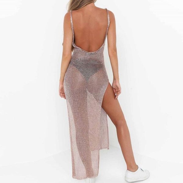 

one-piece suits women sleeveless bikini cover up backless mesh shiny slit beach midi dress xx9d