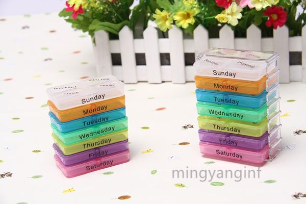 

weekly pills organizer 1 dispenser 7 stackable compartments four times a day pill box medicine container rainbow colors my-inf0182