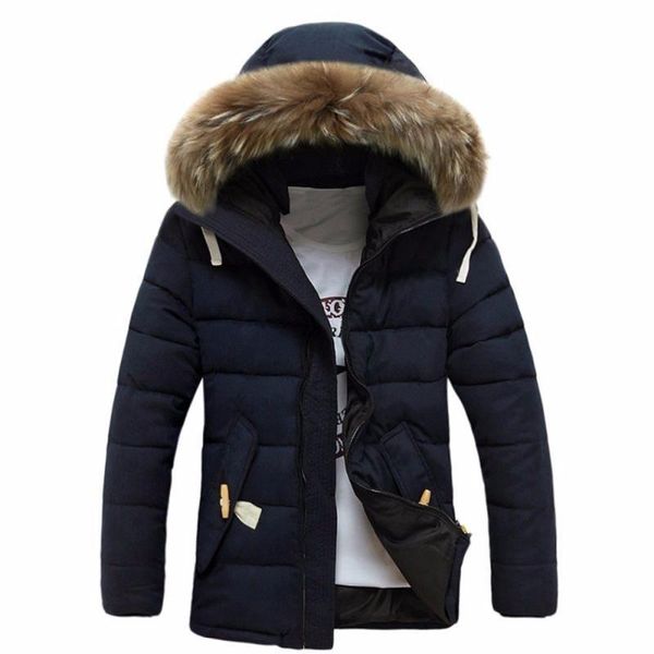 Erkek ceketler kış kalın sıcak pamuklu kapüşonlu artı boy ceket erkekler sahte kürk yakalı fermuar uzun kollu palto chaquetas hombre m-3xl