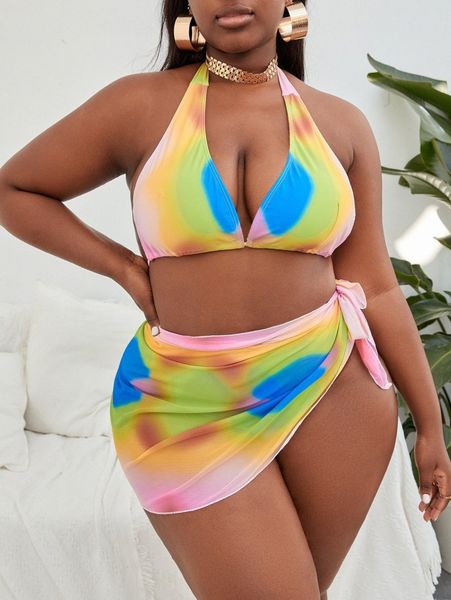

3pack plus tie dye halter bikini swimsuit & beach skirt o76u#, Black