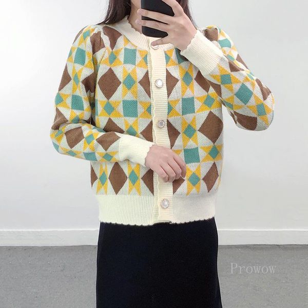 

women's knits & tees contrast color plaid cardigan women crop 2021 autumn winter crew neck button up knitted short sweater jacket, White