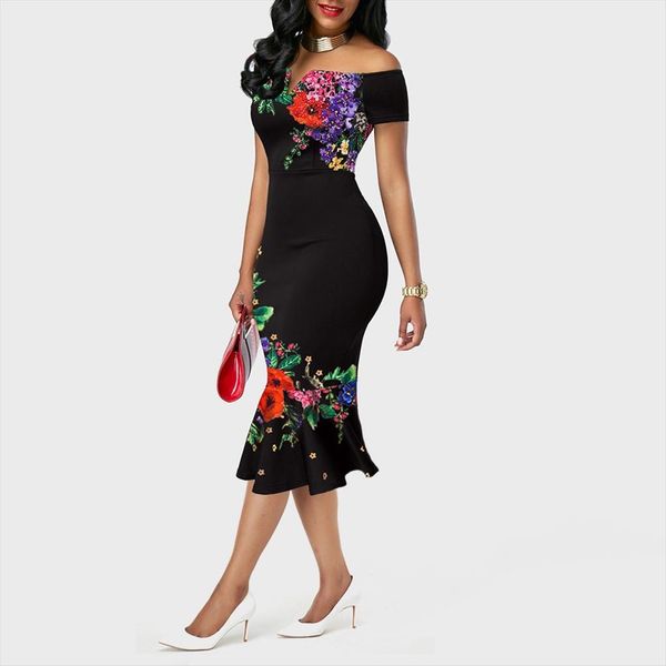 

evening party dinner elegant black women dresses flower print slash neck mermaid sheath office work fashion robe midi, Black;gray