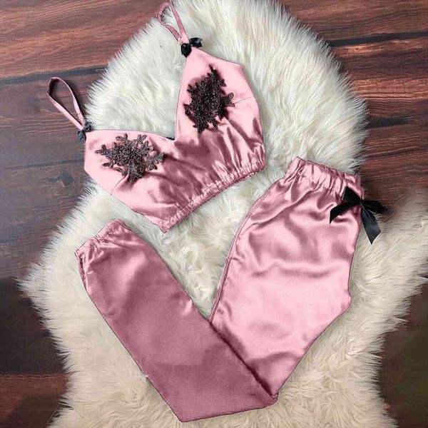 

newly underwear set women sleepwear v neck eyelash lace stain camisole pajamas bowknot pants pijama femme satin, Black;red