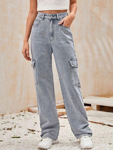 

high waisted flap pocket side baggy jeans v83h#, Blue