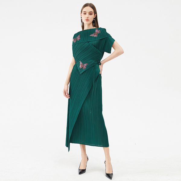 

casual dresses miyake pleated green summer diamond butterfly flared sleeve irregular plus size women designer clothes ica7, Black;gray