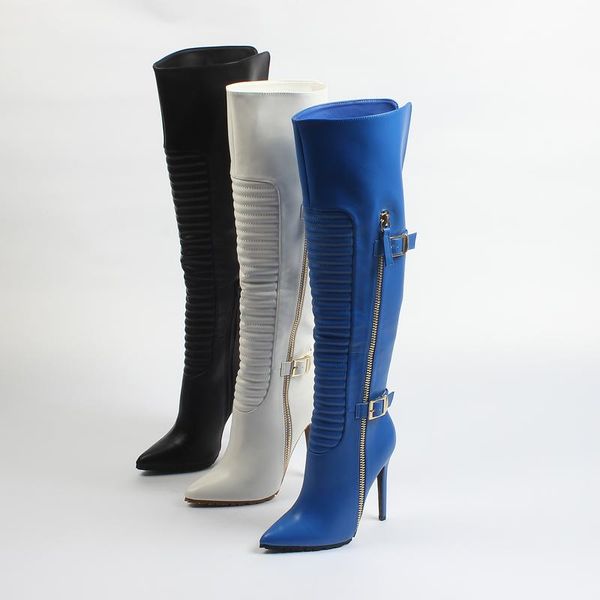 

boots brand women's shoes zipper thigh-high fashion over-the-knee large size high heel ladies white pointy rubber pu pointe, Black