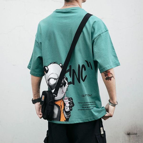 

men's t-shirts summer ins hong kong fashion fat loose short sleeve male korean version half cartoon t-shirt men's japanese student, White;black