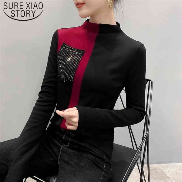

korean slim long sleeve shirt women blusas mujer de moda fashion office lady casual o-neck diamond 7840 50 210506, White