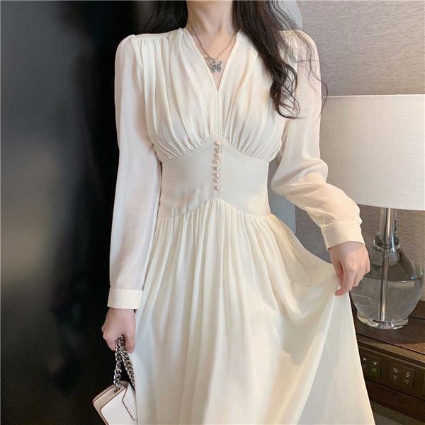

korean spring women v-neck apricot chic party dress feminine elegant chiffon high waist long-sleeved midi 210526, Black;gray