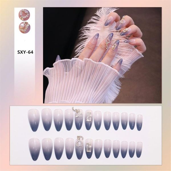 

false nails 24pcs blue gradient flower with diamond wear long paragraph fashion manicure patch save time wearable, Red;gold