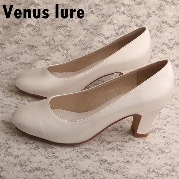

dress shoes ladies block heels for wedding round toe ivory satin pumps, Black