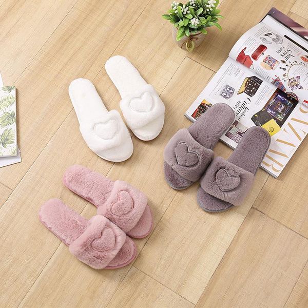 

style slippers female home interior plush winter non-slip warm cotton fashion heart-shaped solid color, Black