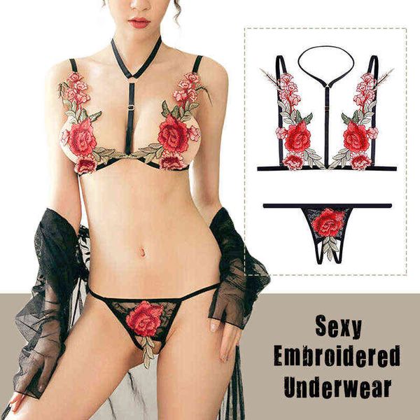 Nxy sexy set mulheres lingerie bandagem underwear flor laço rosa sutiã calcinha bordado bordado slim ver através de pijama de verão 1126