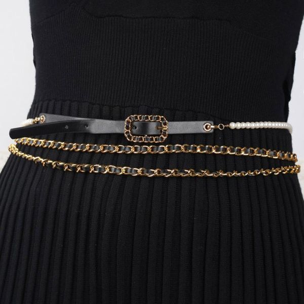 

est fantaisie classical metal leather weaving pearl belt gold color chain for women party bijoux belts, Black;brown