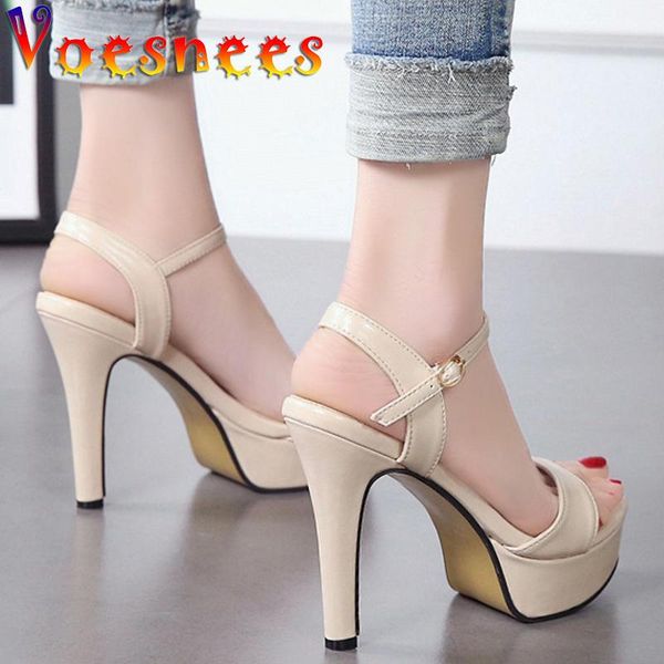 

dress shoes car model walk show summer peep toe heels square heel sandals platform one word with super high party women, Black