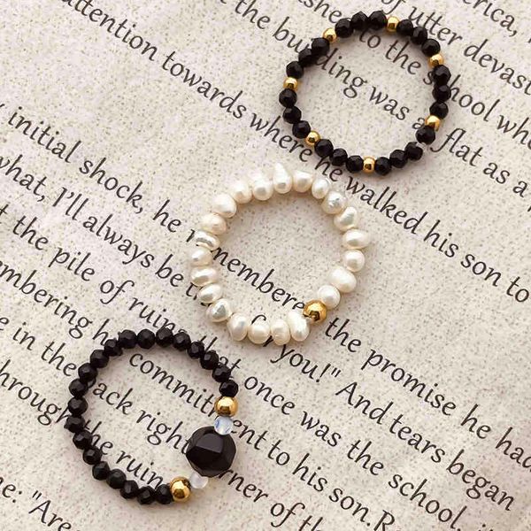 

black natural stone rings for women faceted obsidian moonstone shell freshwater pearl ring stainless steel beads jewelry girls, Silver